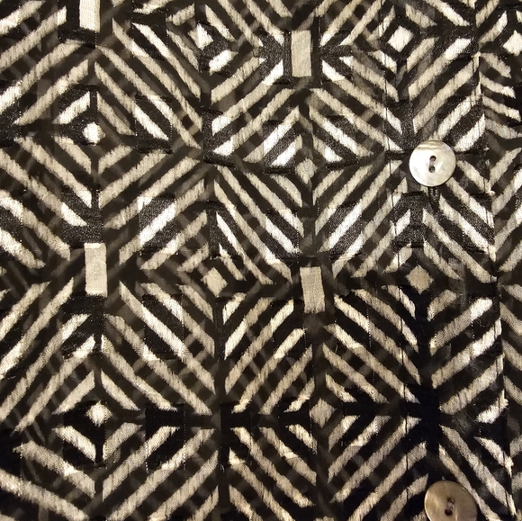 Black and White Button Up Sheer Blouse with Geometric Pattern - Picture 2 of 3